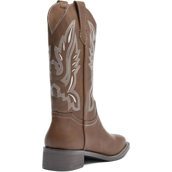 kkdom Cowboy Boots Women Brown Square Toe Western Cowgirl Mid Calf Shoes - Picture 3 of 8